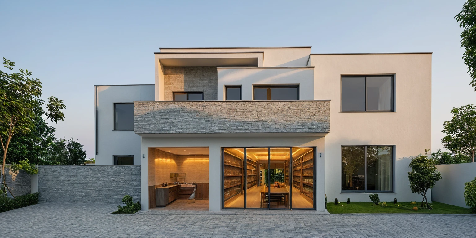 2-storey townhouse,modern minimalist architecture,white morning light,brightly painted walls,stone accents,glass door,interior view,house lights on,realistic,photorealistic,photo-realistic:1.37,best quality,8k,highres,masterpiece:1.2,ultra-detailed,vivid colors,HDR,UHD,studio lighting,physically-based rendering,extreme detail description,professional