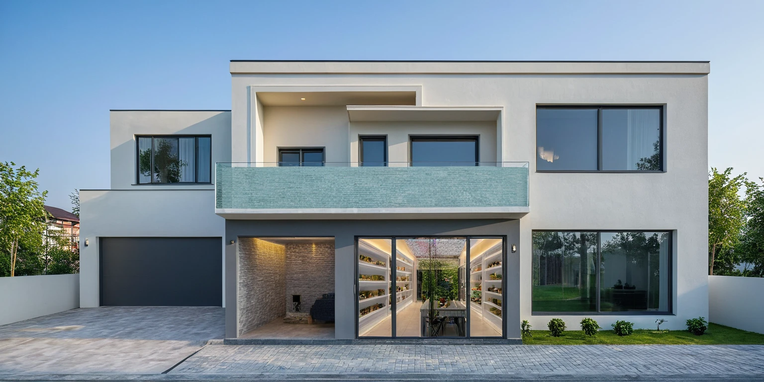 2-storey townhouse,modern minimalist architecture,white morning light,brightly painted walls,stone accents,glass door,interior view,house lights on,realistic,photorealistic,photo-realistic:1.37,best quality,8k,highres,masterpiece:1.2,ultra-detailed,vivid colors,HDR,UHD,studio lighting,physically-based rendering,extreme detail description,professional