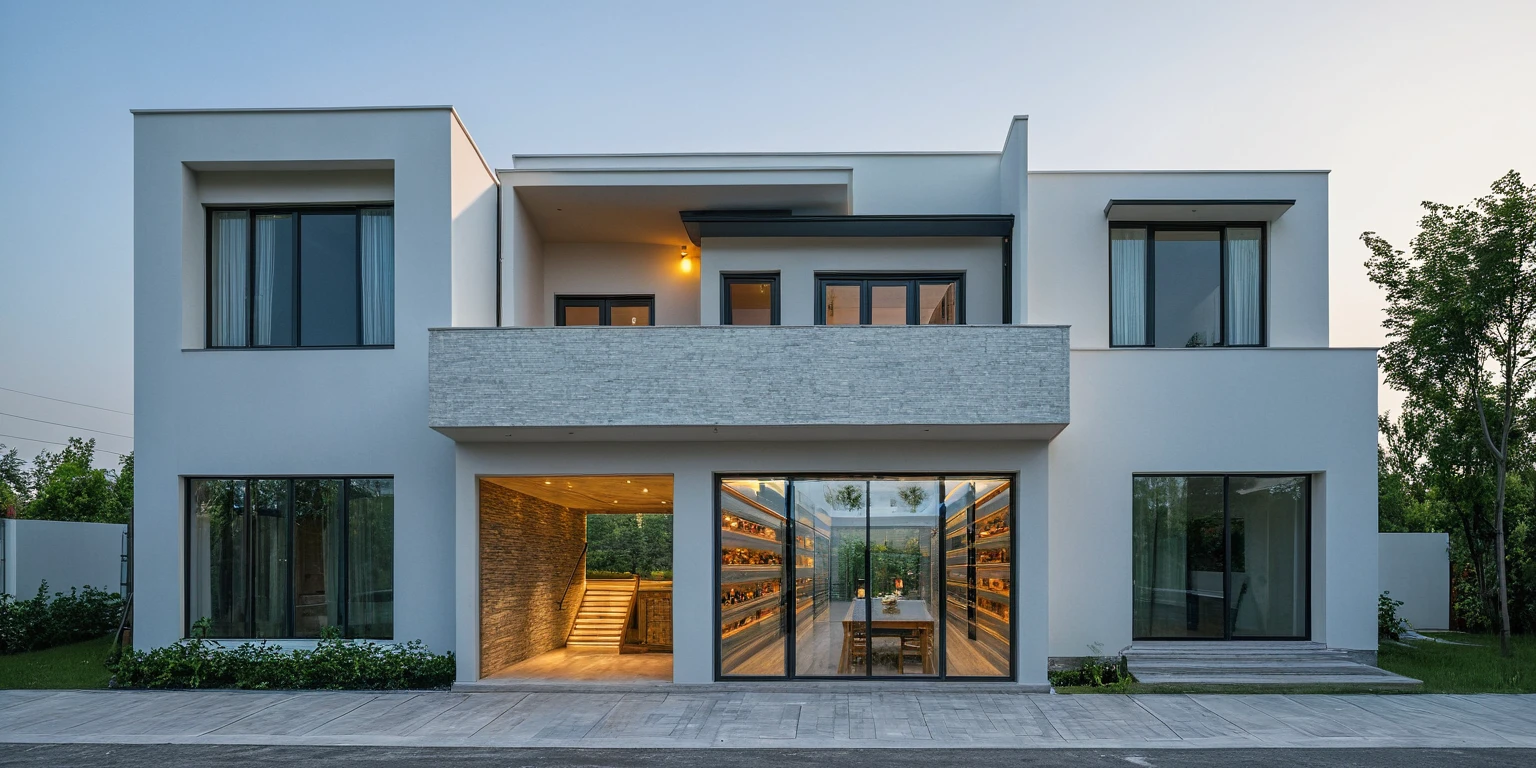 2-storey townhouse,modern minimalist architecture,white morning light,brightly painted walls,stone accents,glass door,interior view,house lights on,realistic,photorealistic,photo-realistic:1.37,best quality,8k,highres,masterpiece:1.2,ultra-detailed,vivid colors,HDR,UHD,studio lighting,physically-based rendering,extreme detail description,professional