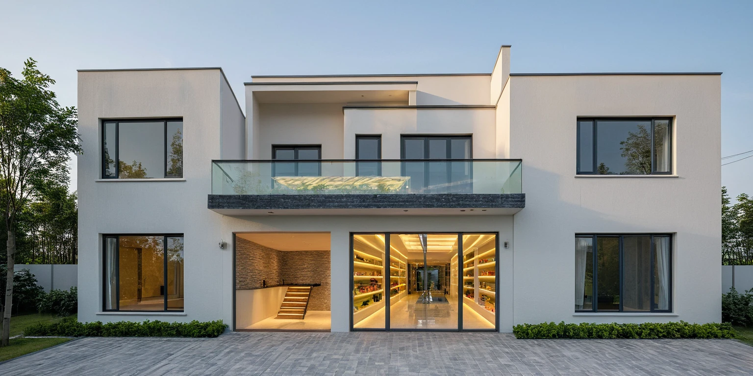 2-storey townhouse,modern minimalist architecture,white morning light,brightly painted walls,stone accents,glass door,interior view,house lights on,realistic,photorealistic,photo-realistic:1.37,best quality,8k,highres,masterpiece:1.2,ultra-detailed,vivid colors,HDR,UHD,studio lighting,physically-based rendering,extreme detail description,professional