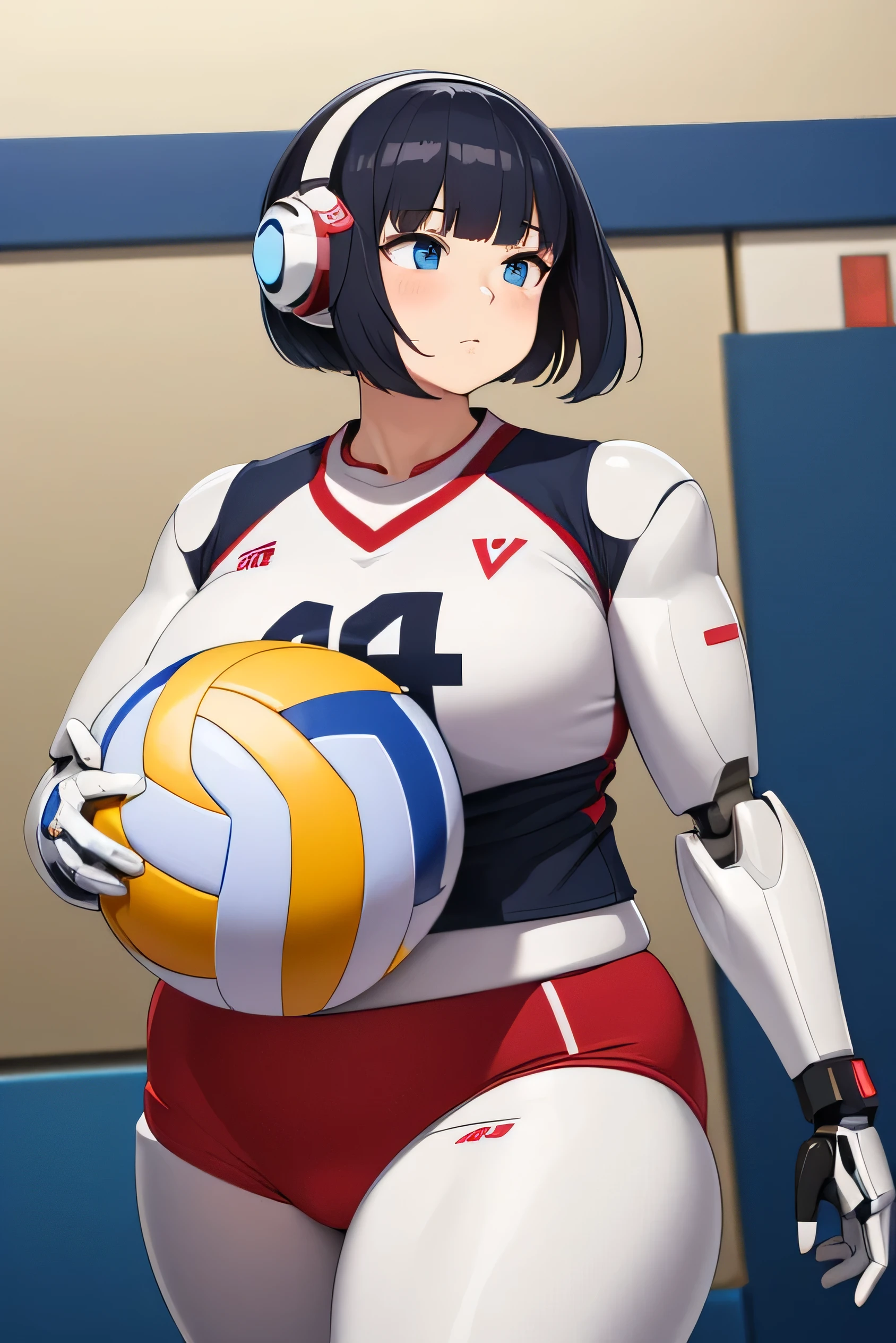 masterpiece, best quality, extremely detailed, Japanese android girl,Plump ,control panels,robot arms,robot,android,cyborg,white robot body,ceramic body,perfect robotgirl,blunt bangs,volleyball player,sports wear,blue eyes