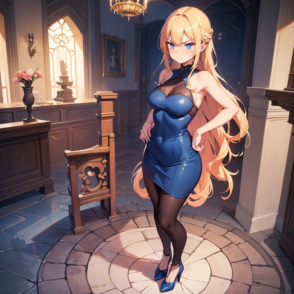 NSFW, (((1Woman))), ((best quality)), ((masterpiece)), (detailed), beautiful face, (((angry expression))), (defiance512:1.2), (((medium wavy hairstyle))), (((blue conservative dress outfit))), (((castle interior background))), big blue eyes, ((blush cheeks)), angry dominant expression, (((standing dominant pose))), (((blonde hair colour))), (((bright glowing hypnotic blue eyes))), (((skinny figure))), intense seductive gaze, contrasting soft skin, (lighting:1.2), 4:3 aspect ratio, full body, medium-size concealed