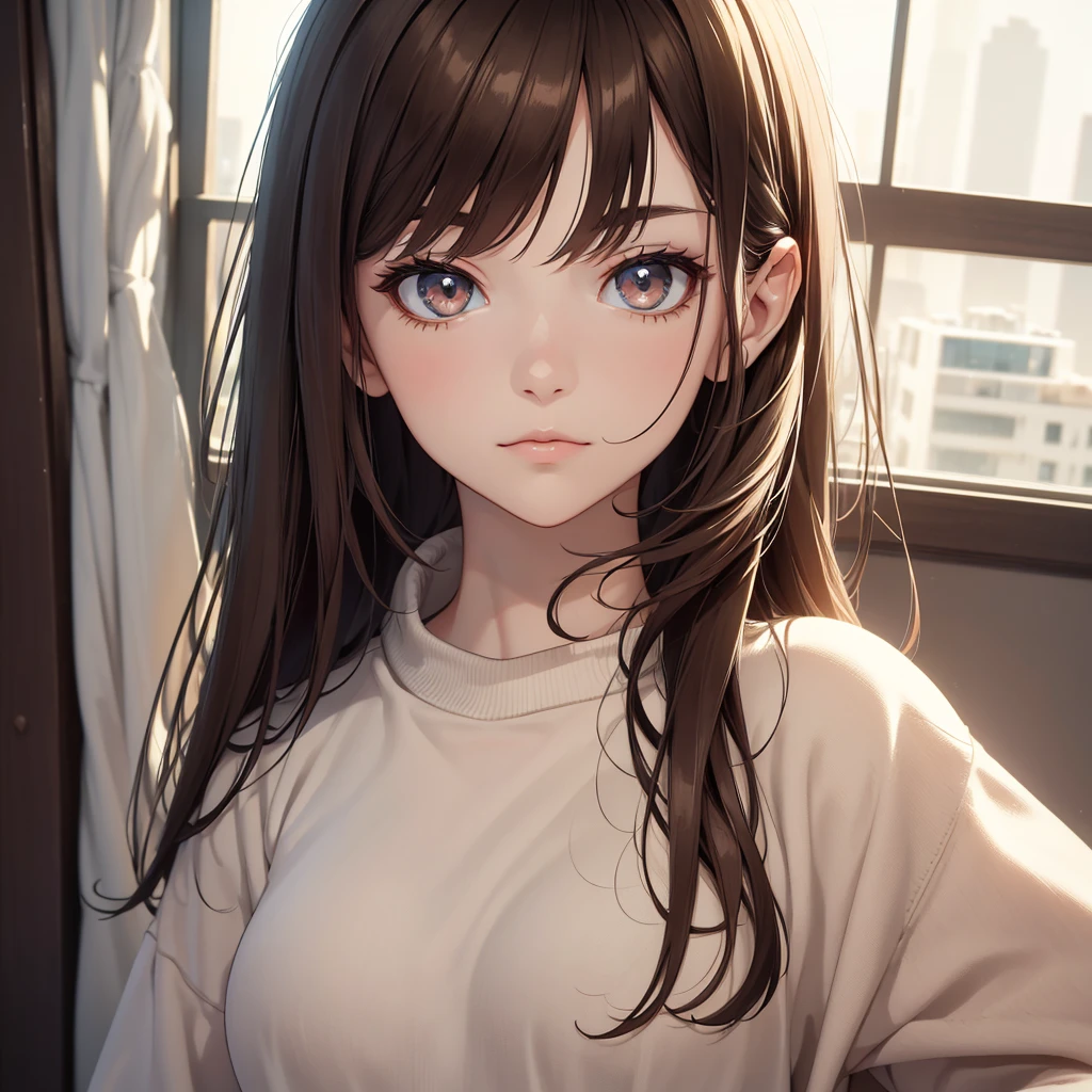 (8K, Best Quality, Masterpiece, Ultra High Resolution) 1Girl, Beautiful Eyes, Face Details, Brunette, Hazel Eyes, Pale Skin, Slender, Casual Clothing, Inside Apartment, Best Quality, Upper Body, Looking at the Viewer, Facing Viewer, Close Up