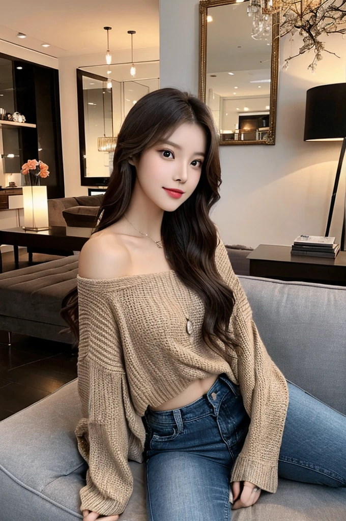 Generate an image of a stunning 20-year-old Asian woman with beauty akin to a goddess of the fire element. She has big brown eyes, dark brown hair, glowing skin, and an attractive appearance. She is wearing a beautiful top paired with blue skinny jeans. The woman is sitting sweetly on a living room sofa, her posture relaxed and inviting, surrounded by cozy and elegant decor.