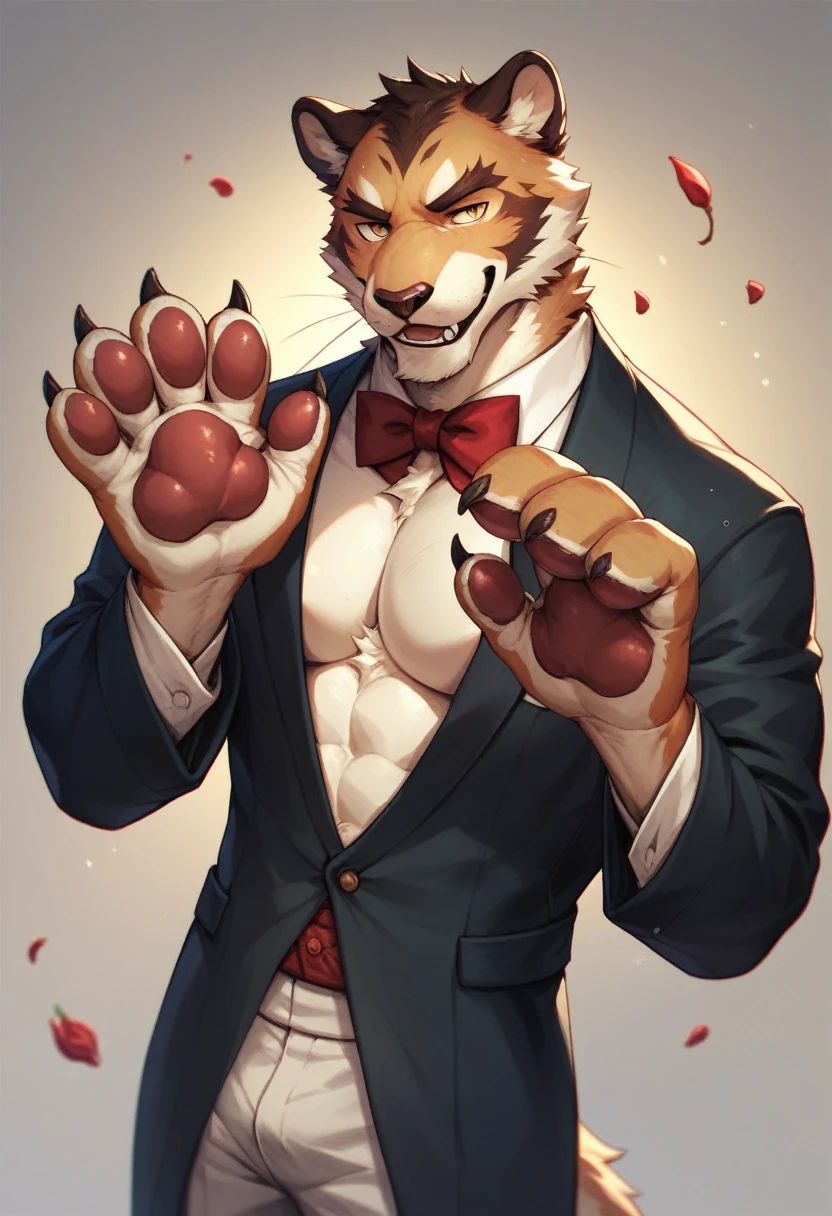 Water element, 1 boy, Kimono, furry, Detailed body hair, animal face, Animal Hands, A handsome young man in a tuxedo holds a red rose and looks at the audience.,