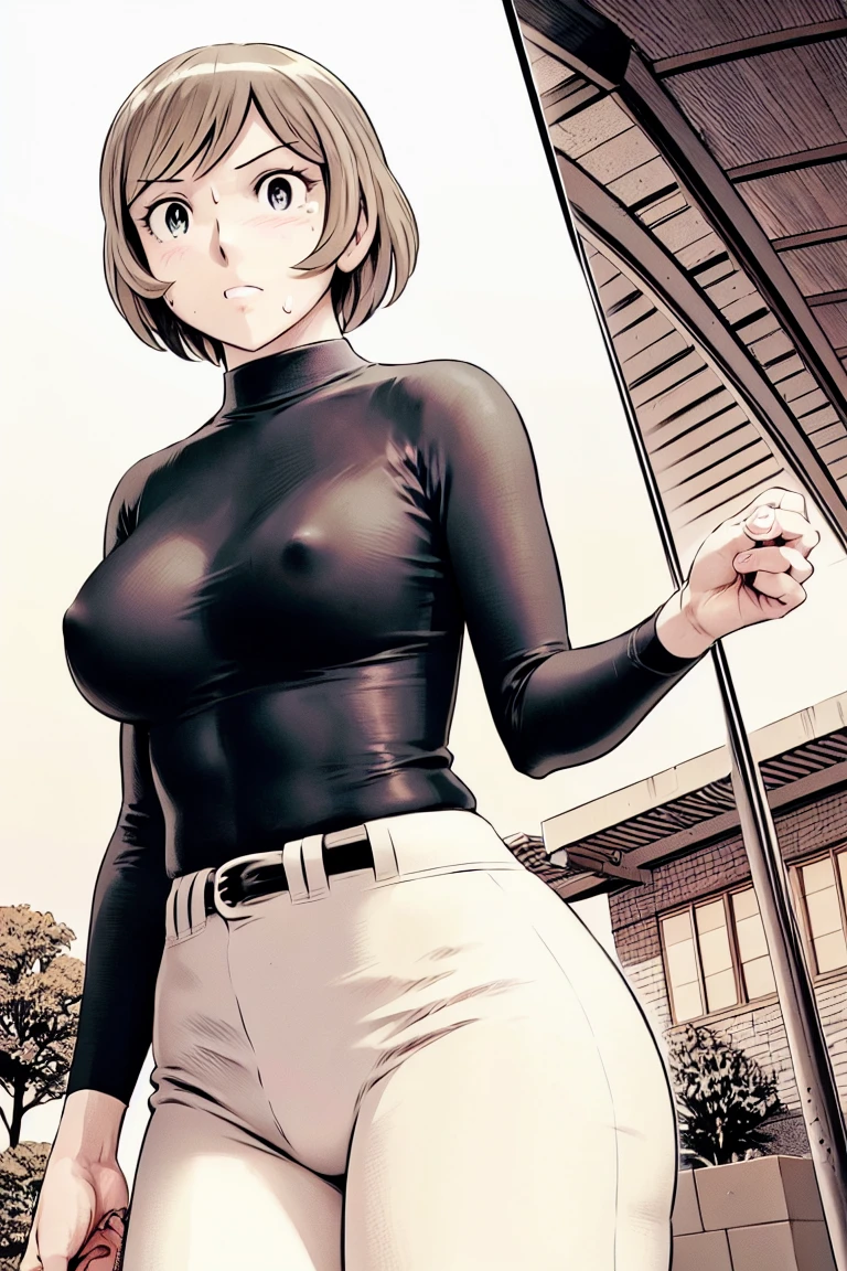 (野球uniform:1.2),
blonde, (short hair:1.2),Long sleeve, Black Shirt, turtleneck,White trousers、uniform、Black belt、((Illustration of people))、big 、Covered in mud、Soil stains、ドロドロのuniform、Baseball Cap、
View your viewers,, (Highest quality:1.3),One Girl, White pants、uniform、Outdoor、baseball ground、ground、soil、blue eyes、Tight black shirt、(masterpiece、Highest quality)、Highest quality, Ultra-high resolution, (((masterpiece))), alone, Sweat、big eyes、big Breasts、Torn clothes、 Fully exposed、Nipples、One Girl, Front view、Embarrassed face、Bronze colored hair、((short hair))、Stand up straight、Cowboy Shot
