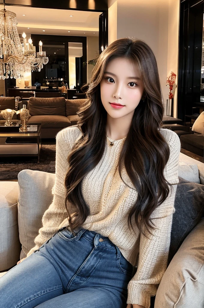 Generate an image of a stunning 20-year-old Asian woman with beauty akin to a goddess of the fire element. She has big brown eyes, dark brown hair, glowing skin, and an attractive appearance. She is wearing a beautiful top paired with blue skinny jeans. The woman is sitting sweetly on a living room sofa, her posture relaxed and inviting, surrounded by cozy and elegant decor.