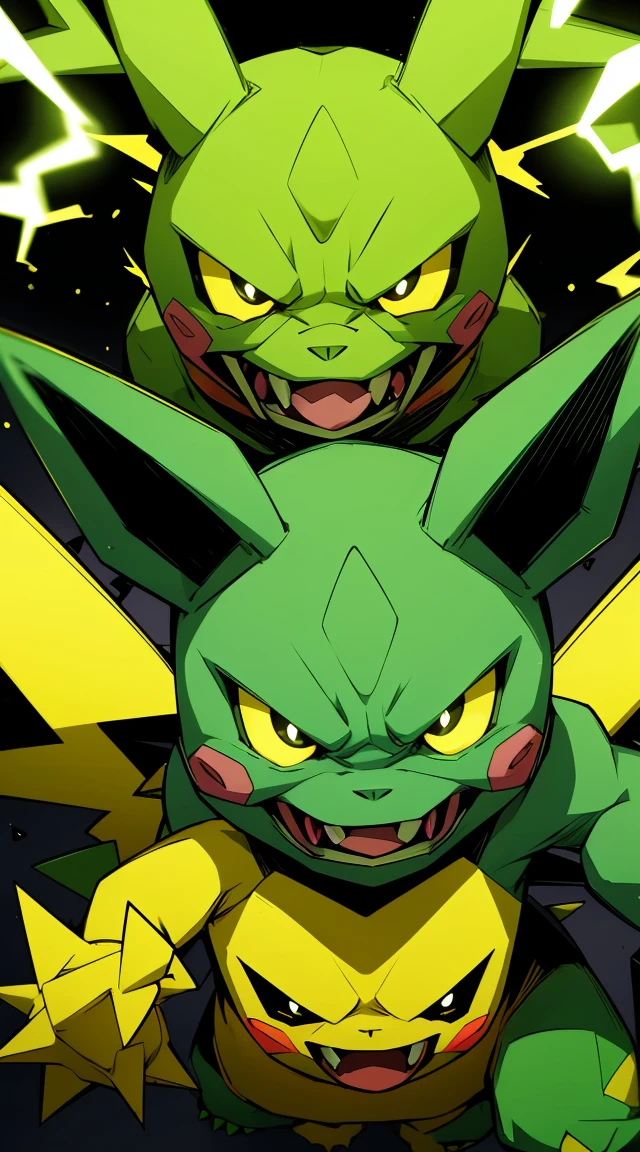 A fusion character of Pikachu and Bulbasaur with a scary face. The design combines Pikachu's yellow body and electric cheeks with Bulbasaur's bulb on its head and green body. The bulb is either placed on Pikachu's back or integrated as part of the body. The character has sharp eyes and a menacing expression, giving off an intimidating vibe.