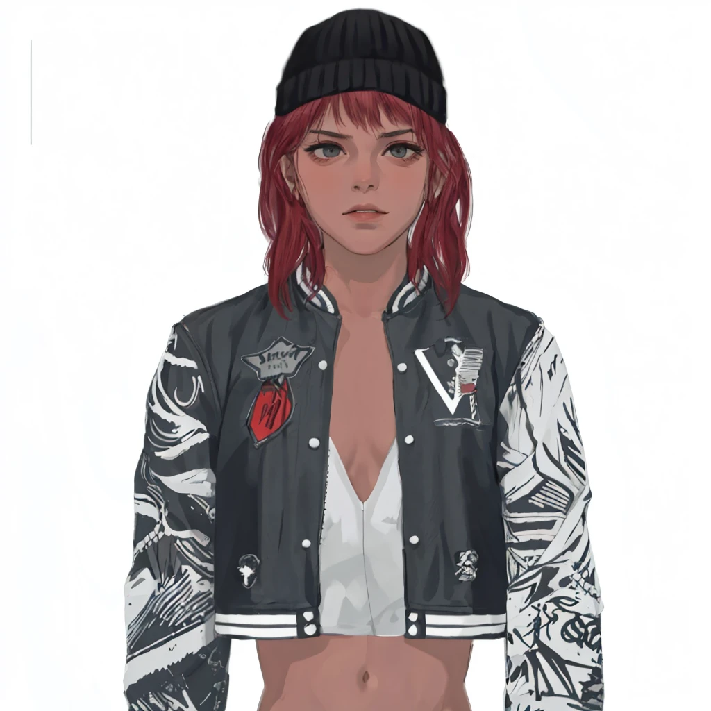 (masterpiece:1.2, best quality), (1girl, solo, upper body:1.2),flat face,Hair: buzz cut, Clothing: oversized, distressed denim jacket with patches and pins, paired with black skinny jeans and combat boots, Hanging out in an underground music venue or street art exhibit