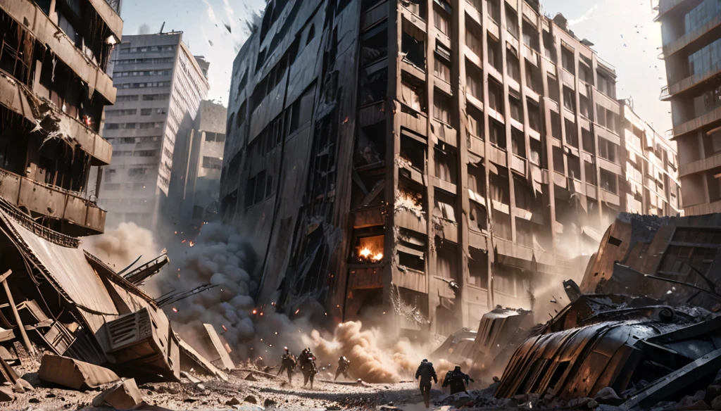 A city under attack, buildings flying and being slashed, destruction everywhere, ashes and dust flying, everything falling and being completely cleaved, (best quality,4k,8k,highres,masterpiece:1.2),ultra-detailed,(realistic,photorealistic,photo-realistic:1.37),cinematic, dramatic lighting, apocalyptic, dystopian, debris, rubble, chaos, war, explosive, dark, gritty