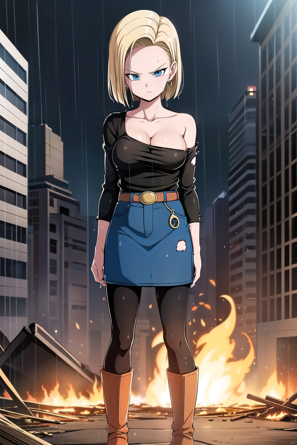 (best quality), (high quality),(masterpiece), (detailed), (high resolution), (Detailed face), (Android 18),  Classic look, One girl, alone, View your viewers, short hair, blue eyes, Blonde, clavicle, Are standing, arms by side, anger, Wet Hair, rain, Torn Shirt, Bare shoulders, Hoop Earrings, Black Shirt, Striped sleeves, belt, Denim skirt, Black Pantyhose, brown boot, Cleavage, (medium breastst), ((Exposed breasts)), (One nipple), Cowboy Shot, full body, fire, cigarette, City in Ruins