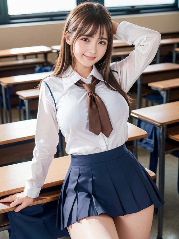 ((Beautiful Japanese Girls:1.3)) ((School uniform:1.4)) ((Panty shot:1.5)) ((high school)),((Dark blue skirt:1.3)) ((In the classroom:1.3)) ((thin_fabric:1.4)) ((Random sexy poses:1.3)) ((Sweaty:1.5))((Blushing:1.4)) ((Big Breasts:1.4)) ((close:1.2)) Highest quality,masterpiece,Ultra-high resolution,(Realistic:1.4),RAW Photos,(Real skin texture:1.3),(Film Grain:1.3),Panorama,Character Portrait,Very wide shot,Tight waist,Cowboy Shot,(In the Dark, Deep Shadow, Modest, Cold Light,) night,(()),Tears flow,,Dust,Tyndall effect,(Performance),One girl,Beautiful and detailed eyes and face,White Jabot,Brown eyes,((Brown Hair:1.2)) ((whole body:1.3)) ((smile:1.3))