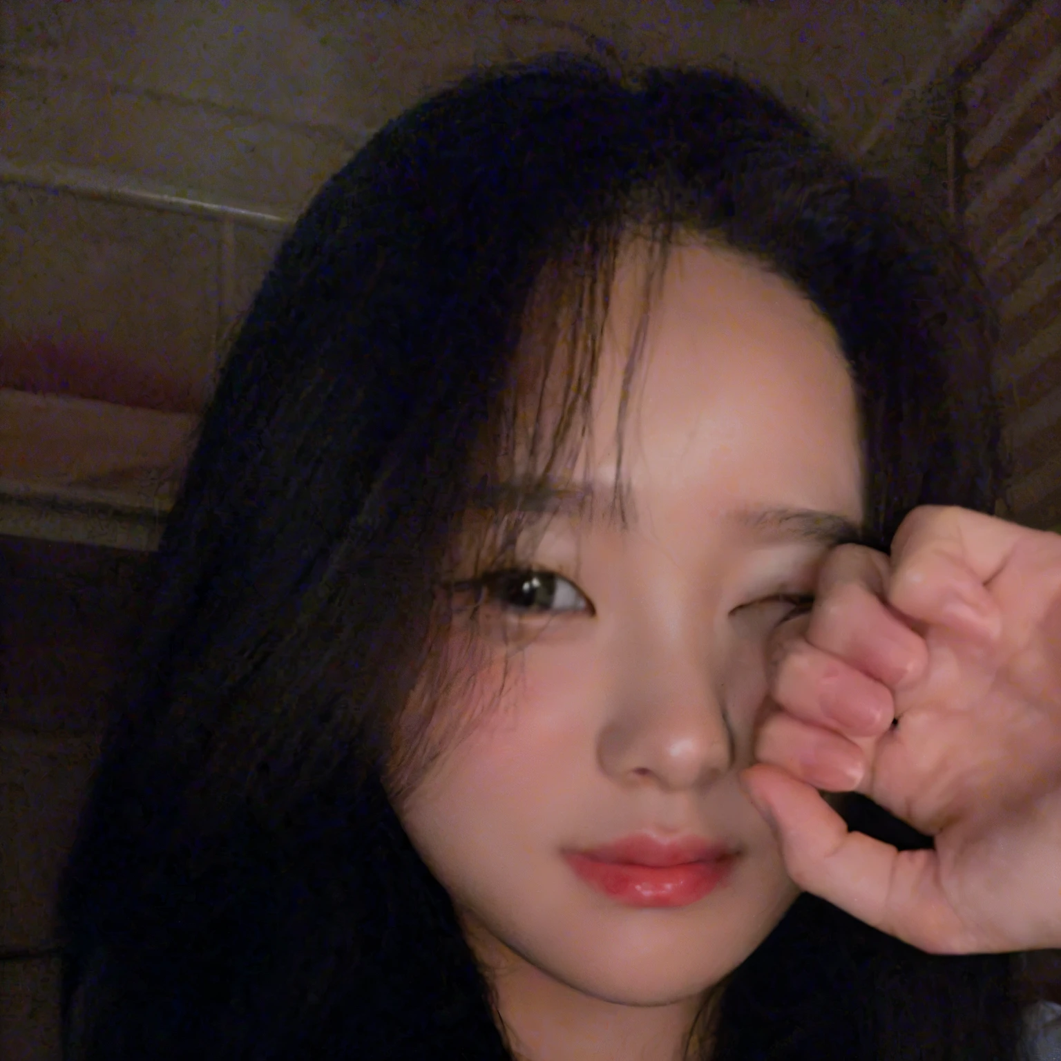A woman with long black hair is touching her eyes, Best Face, Jinyoung Shin, Jaeyeon Nam, Heonhwa Choi, blackpink jennie, Blackpink Jisoo, (((low light))), cute - okay - with a face, jimin park, with very thin lips, with small nose, ☁🌪🌙👩🏾, Blackpink Jisoo