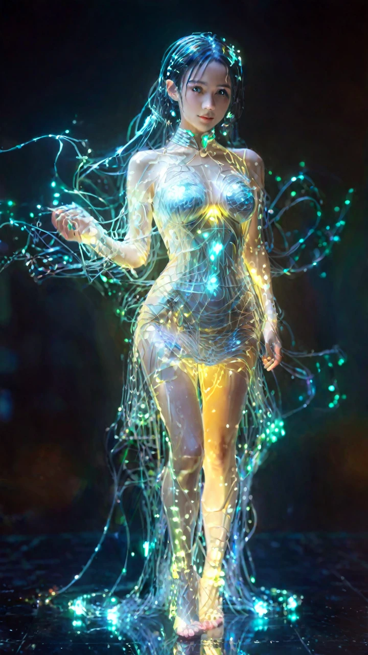 8K,RAW Photos,Highest quality,masterpiece,reality,Very detailed,Live Action,Very beautiful woman,Android,cyborg,cyber-,Fusion of machines and organisms,((whole body:1.8)),((Very detailedな電子機器)),((Skin that clearly shows the internal electronics)),Very thin connecting wire,Wet body,All transparent skin,Wet long messy hair,Advanced AI,neon,Small glowing LED light,future,Glowing Skin,A long dress made of light particles,Big eyes,Long eyelashes,Fantasy,movie,Angel,Elegant posing,35mm camera,f/1.8,barefoot,
