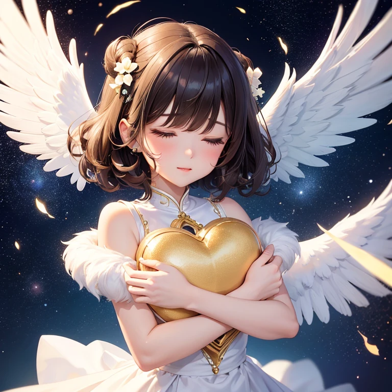A angel with her eyes closed、Holding a big heart in both arms。Her hairstyle is a fluffy short cut with natural curls.。The universe is depicted in the heart held by the angel。The background is space。Please cut only the upper body。