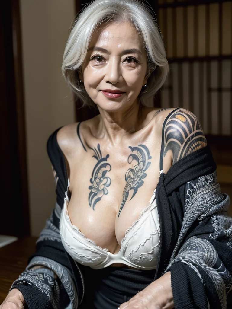 (masterpiece:1.4),(68-year-old woman:1.5),(facial wrinkles : 1.2),sly smile, (messy hair : 1.1), (off-shoulder black kimono : 1.3), (white bra : 1.3), cleavage, beautiful Mature Woman, pores, dull skin, realistic detailed skin, (beautiful tattoo on her chest), detailed background, dim atmosphere, gloomy, dark lighting, old japanese room