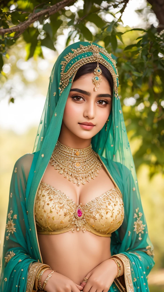 underboob,RAW, Best quality, high resolution, masterpiece: 1.3), beautiful 15 year old Pakistani  in hijab, Masterpiece, perfect slim fit body, big Huge breast, big gorgeous eyes, Soft smile,a close up of a woman, wearing beautiful bra, beautiful design, hijab, rustic, very beautiful elegan style, beautiful masterpiece, fine details, wearing gorgeous clothing, choker , necklace, hairband, forest, lighting, Bright colors, Clean lines