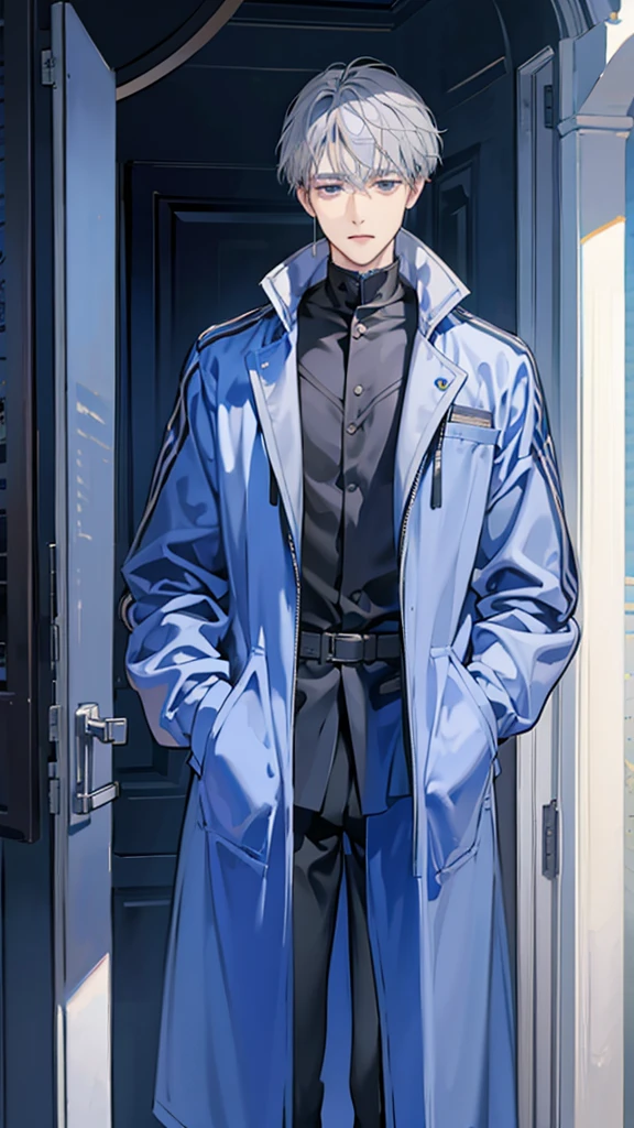 Create a tall gray-haired boy looking forward with a scar in a blue jacket 