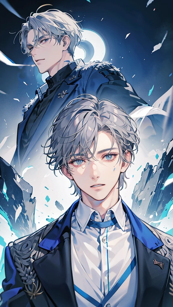 Create a tall gray-haired boy looking forward with a scar in a blue jacket 