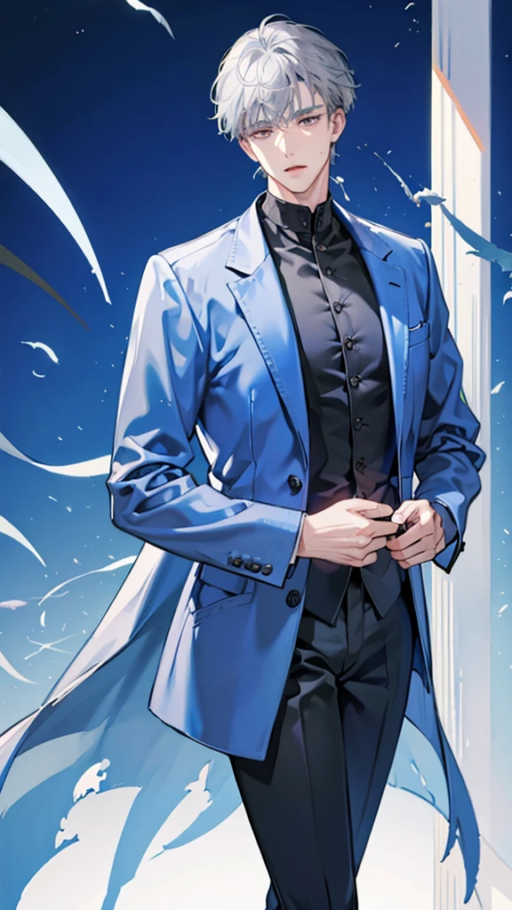 Create a tall gray-haired boy looking forward with a scar in a blue jacket