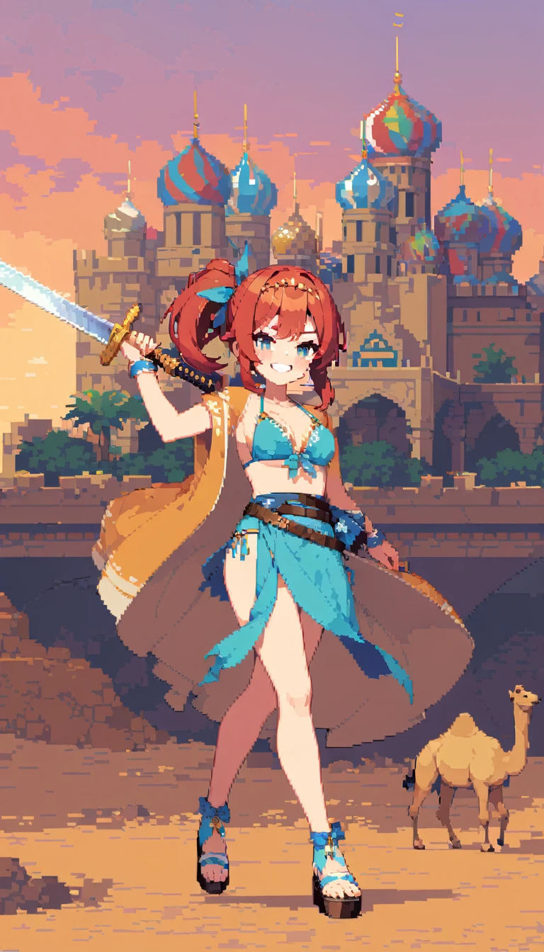 masterpiece, Highest quality, 8K, Pixel Art, ((One woman, princess)), whole body, smile, Showing teeth, Wink, Squinting, Red Hair, Hair swaying in the wind, Side Ponytail, Fluttering, Circlet, {{Jewelry decoration}} , Blue Vest, bikini, 際どいbikini, See-through pantaloons, Sandals, Obi sword at waist, Leather Belt, camel, 1 head, 女性がcamelに乗っている, desert, A stone castle in the distance, palace, evening
