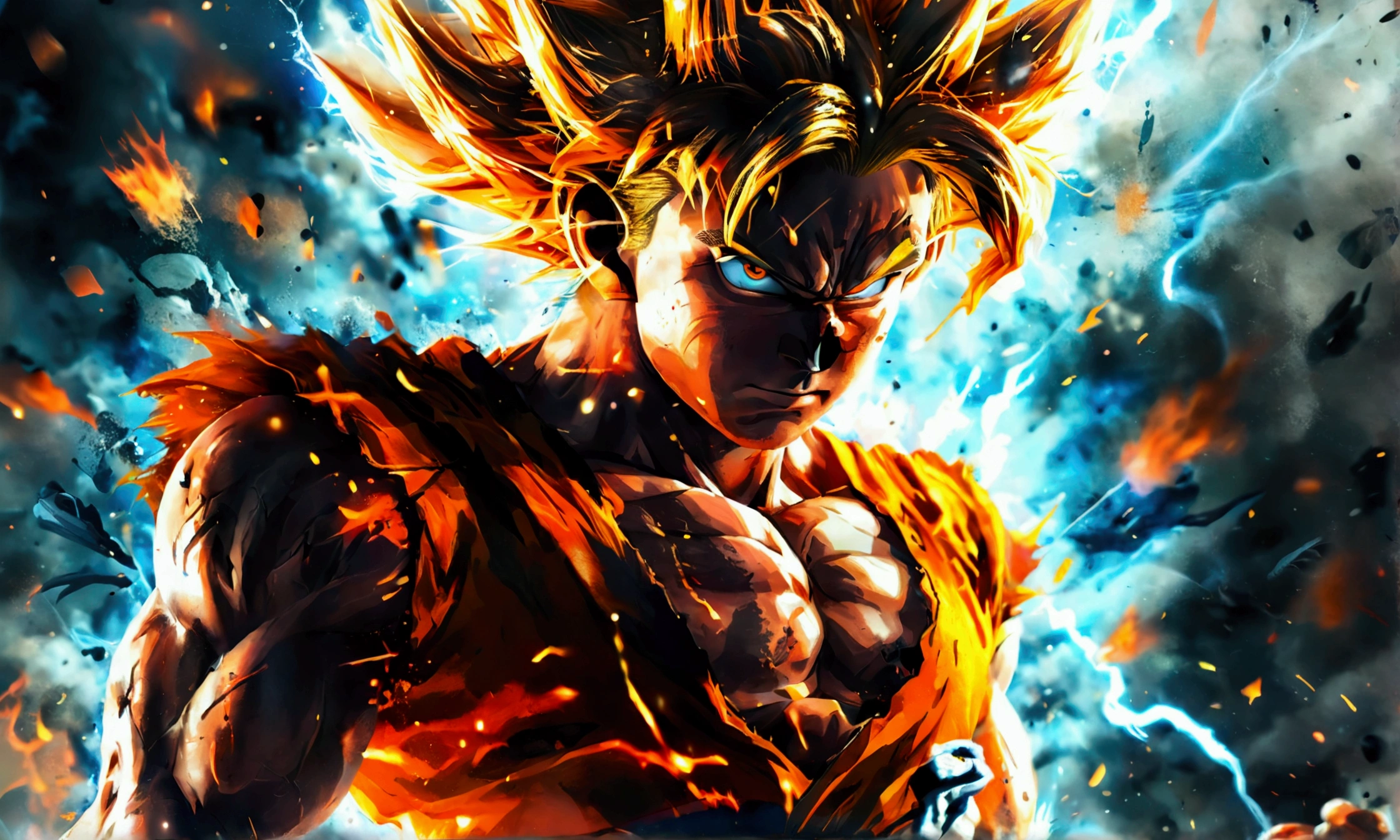 "Epic Battle Goku, Showing off his immense power and strength, Surrounded by intense bursts of energy and dynamic movement."