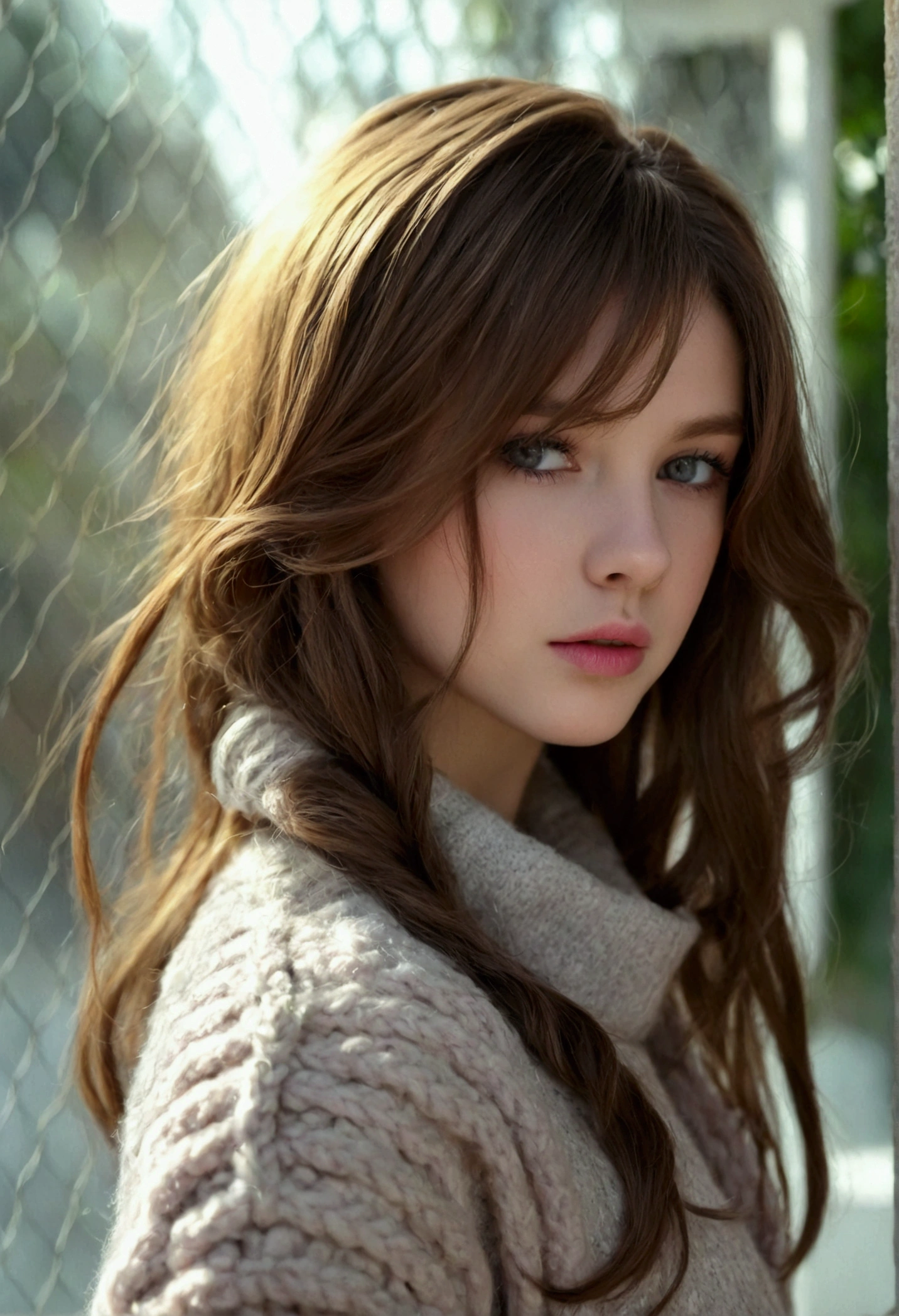 girl, long brown hair, gray eyes, Sharp features, white skin, pink lips, wavy hairstyle, sweater, brown jacket