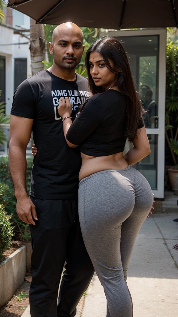 y indian married couple, brown man with bald head, tall, fat, woman with long hair perfect body, bigig hips, big ass, short, coe, man and woman, front pose, detailed. Woman wearing Bikini, man wearing black t shirt and yoga pants