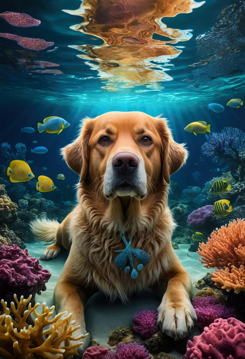 masterpiece,top-quality,Big underwater dog,Deep sea scenery,Beautiful detailed eyes,Ultra-detailed fur,Floating seaweed,dreamy colors,Soft lighting,hight resolution,nffsw,Ethereal scene in the water,Marine life,Mysterious atmosphere,Tranquility and peace,Underwater coral reefs,Sunlight penetrating the surface of the water,Onylic Landscape,Dreamy underwater journey,Bright blue tones,Magical creatures,peaceful expression