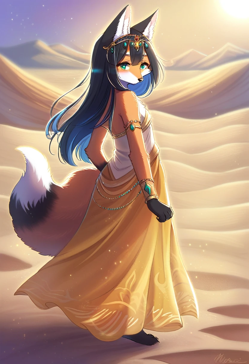 ((Masterpiece)), ((Best Quality)), (Very Detailed), ((Very Detailed)), 4K, (8K), very aesthetic, absurdres highres, 1girl, (anthropomorphic fox, furry, kemono:1.8), Princess of the desert country, Princess, desert, golden dress, embroidery, tiara, jewelry, long black hair, majestic pose, dignified expression, dunes, blue sky, caravan, camel, desert lizard, reflection in the sand, sparkle of jewelry, scorpion, mirage, silk texture, arm bracelet, ankle bracelet