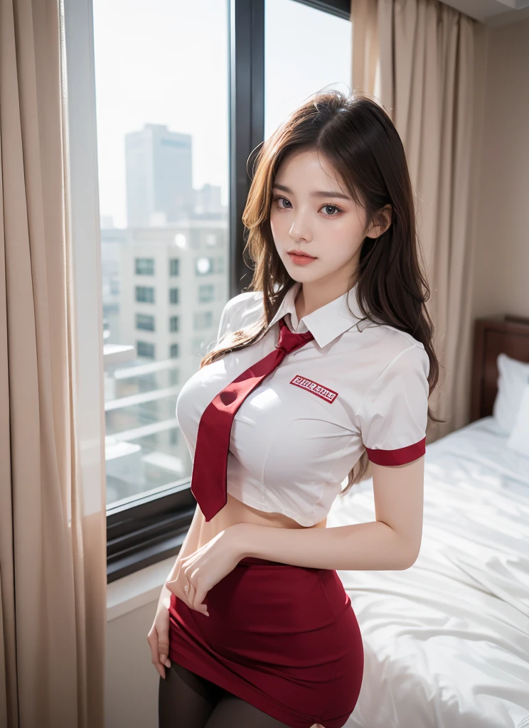 (8K,best quality,masterpiece:1.2),(In reality,realistic:1.4),(RAW photos),perfect details,18-year-old South Korean female model,Korean beautiful girl,Goose egg face shape,wavy curly hair,pure desire,((upper body:5 Point Shirt,black shirt,(Little Red Tie),short sleeve,Crop topping)),(private part:Skirt that hugs the buttocks,black),Wear pantyhose and sneakers,chest이 크다,chest,Butt Lift,hotel,rooms,window,
