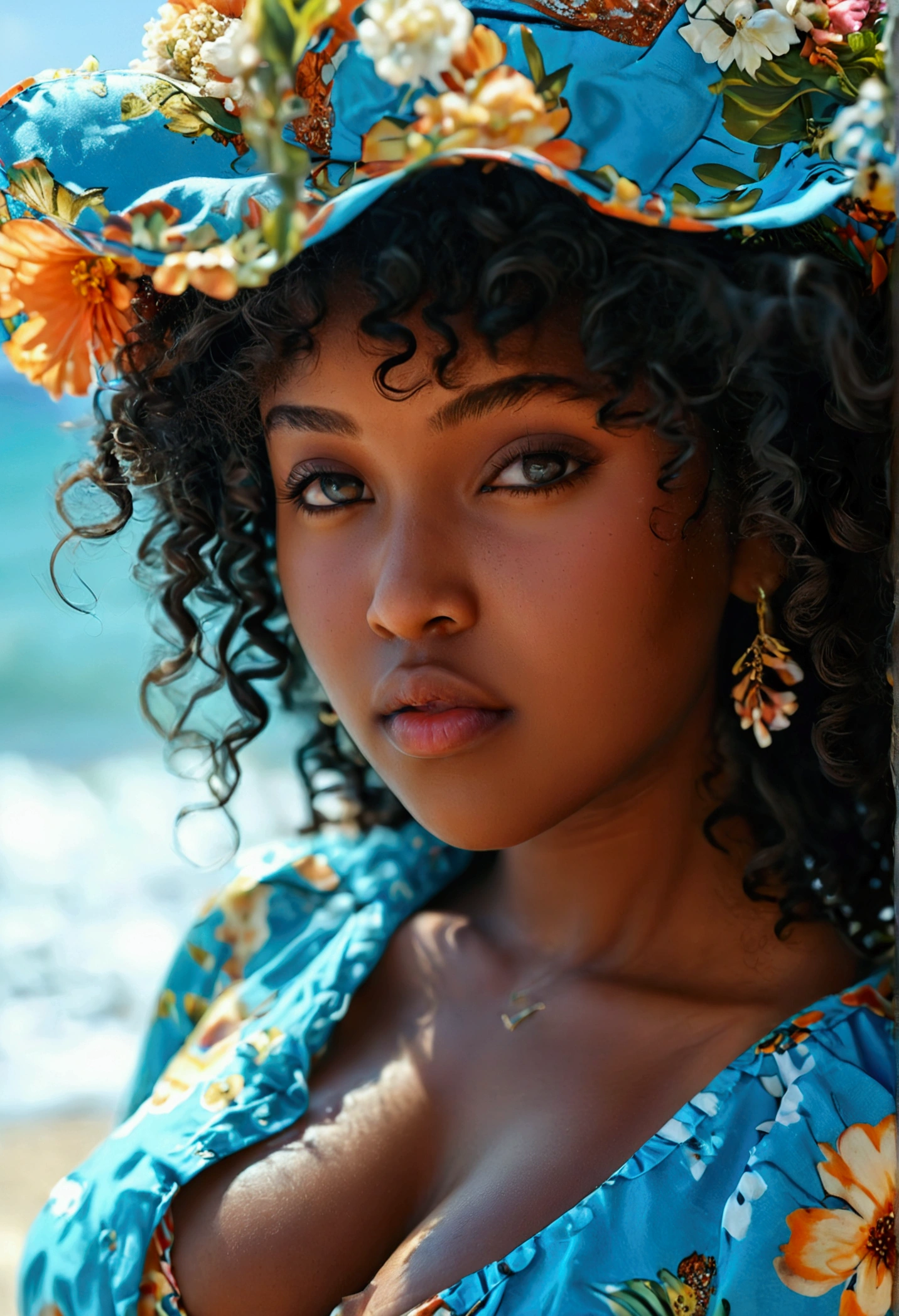 Ultra-realistic, 4K, Professional photos, 22-year-old girl, Black girl, ((huge breasts)), ((huge pregnant)), big curly hair, High resolution, Detailed face, Medium bodied, Floral skirt, (Open blue shirt), masterpiece, (Lighting), (1 solo), Beach Background, Realistic Background, Realistic photos