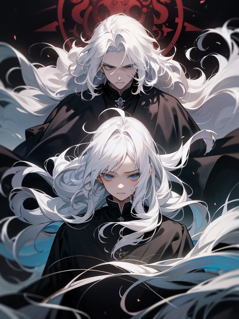 1 man, long white hair, dark wizard, majestic, dark castle backgroung, messy hair, curly hair, hair pulled back, floating hair, gothic, anime style, Sad