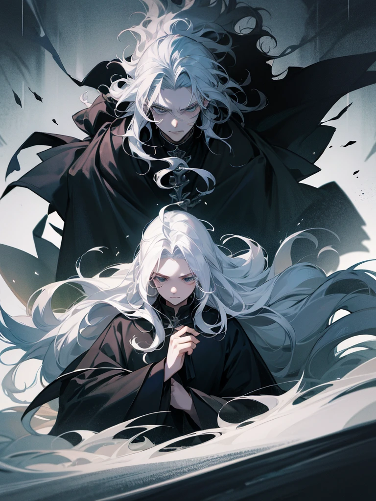 1 man, long white hair, dark wizard, majestic, dark castle backgroung, messy hair, curly hair, hair pulled back, floating hair, gothic, anime style, Sad