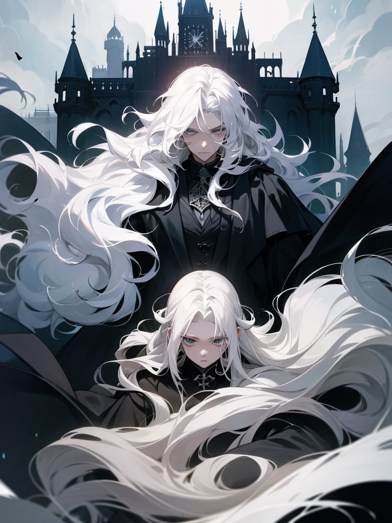 1 man, long white hair, dark wizard, majestic, dark castle backgroung, messy hair, curly hair, hair pulled back, floating hair, gothic, anime style, Sad