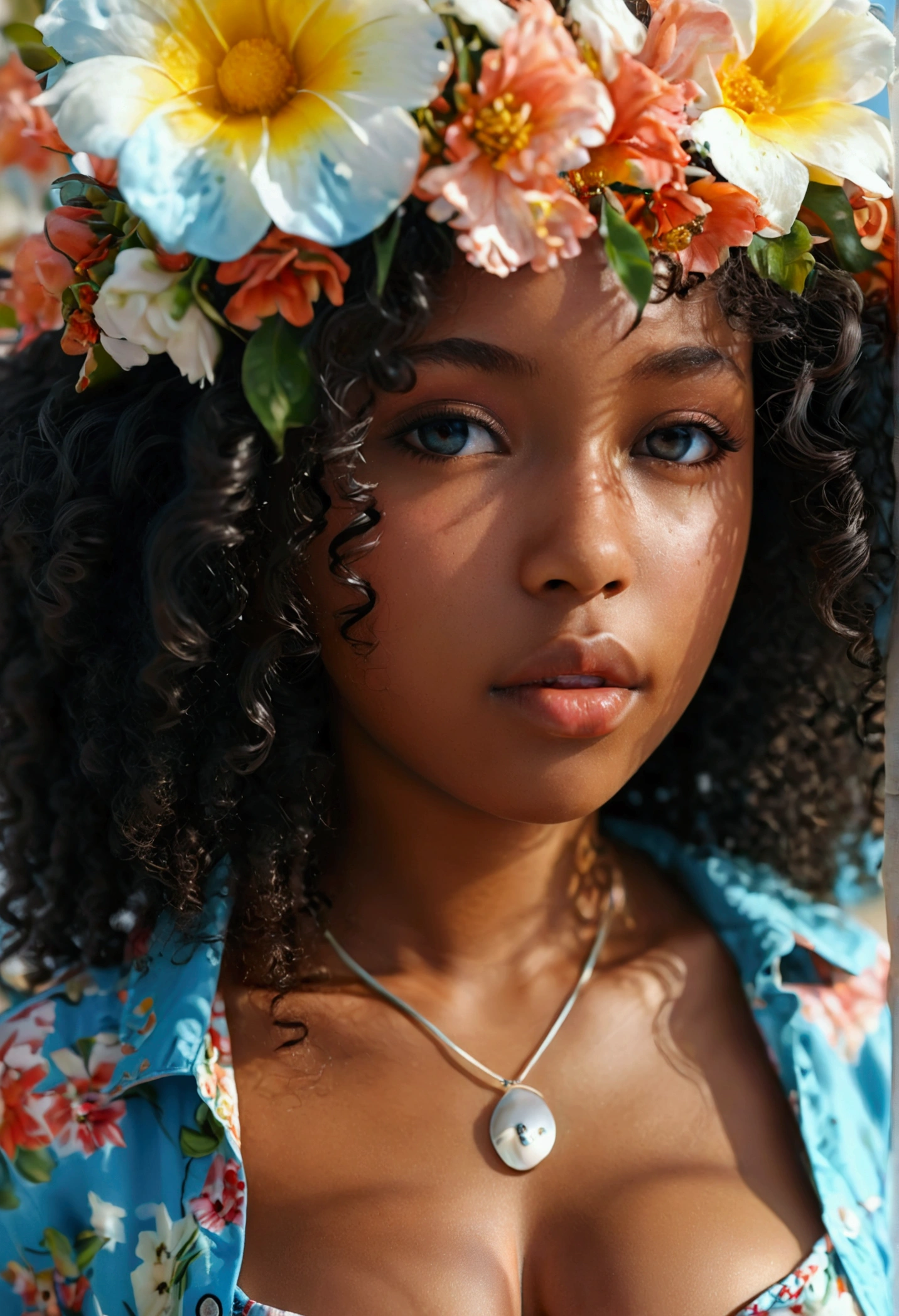 Ultra-realistic, 4K, Professional photos, 22-year-old girl, Black girl, ((huge )), ((huge pregnant)), big curly hair, High resolution, Detailed face, Medium bodied, Floral skirt, (Open blue shirt), masterpiece, (Lighting), (1 solo), Beach Background, Realistic Background, Realistic photos