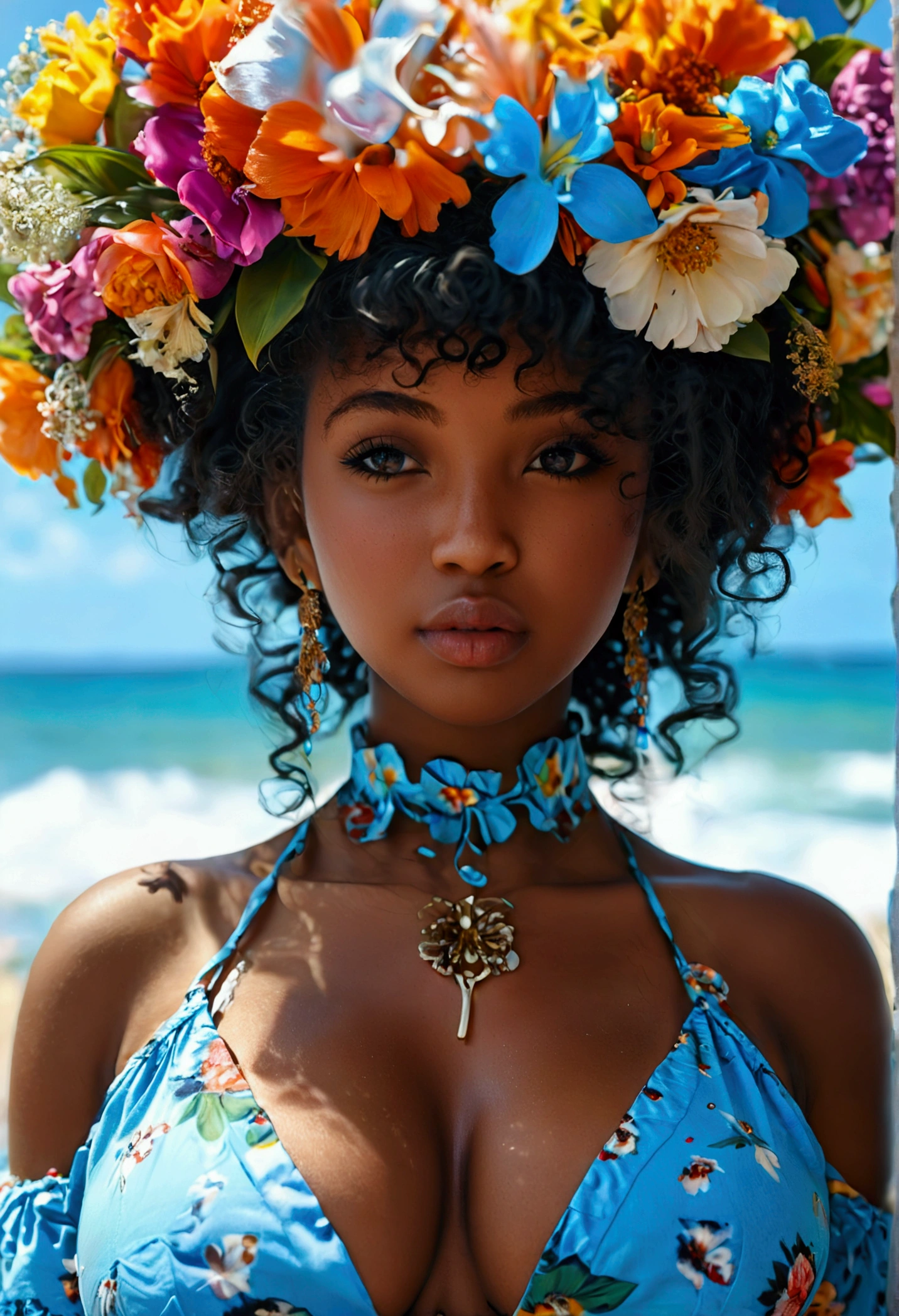Ultra-realistic, 4K, Professional photos, 22-year-old girl, Black girl, ((huge breasts)), ((huge pregnant)), big curly hair, High resolution, Detailed face, Medium bodied, Floral skirt, (Open blue shirt), masterpiece, (Lighting), (1 solo), Beach Background, Realistic Background, Realistic photos