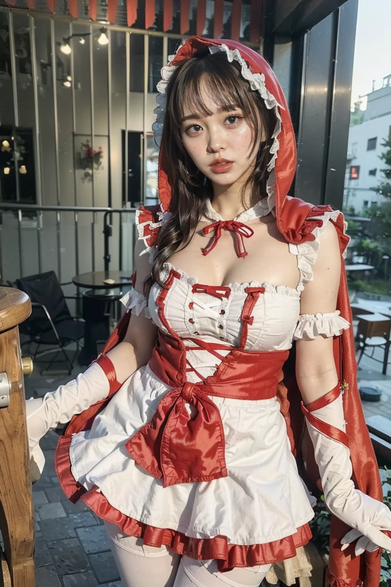 Highest quality, high resolution, 8K, raw, Masterpiece long hair, large breast,
BREAK (grimm fairy tale Little Red Riding Hood Costume:1.3), (fusion of red hijab and red short cape with yellow ribbon on neck:1.4), ((red hijab, red hoodie) on head:1.3), (white lace scalloped trim on red short cape:1.3), ((dirndls, tube top):1.3), (wear a white half-apron over a A-line red flared skirt:1.3), (white and red pinafore flare skirt:1.3), ((white gloves, white arm warmers):1.3), (black pantyhose:1.3), (Knee-high boots:1.2),