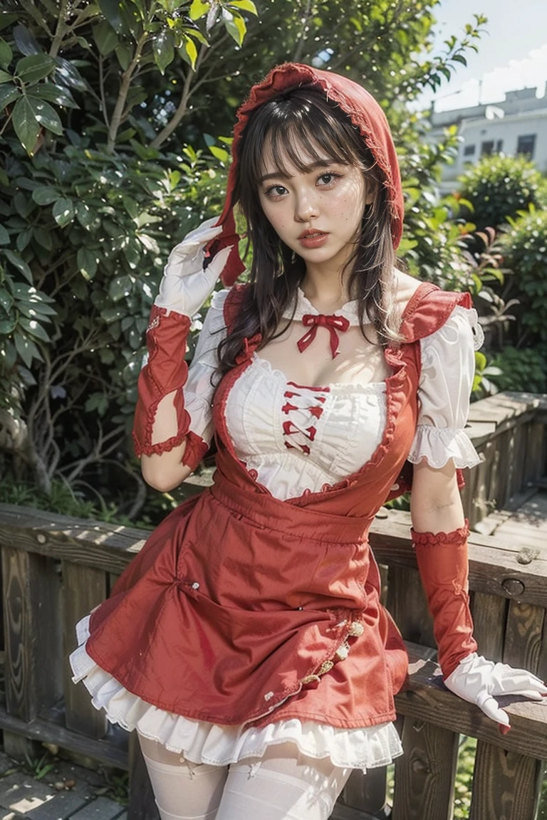 Highest quality, high resolution, 8K, raw, Masterpiece long hair, large breast,
BREAK (grimm fairy tale Little Red Riding Hood Costume:1.3), (fusion of red hijab and red short cape with yellow ribbon on neck:1.4), ((red hijab, red hoodie) on head:1.3), (white lace scalloped trim on red short cape:1.3), ((dirndls, tube top):1.3), (wear a white half-apron over a A-line red flared skirt:1.3), (white and red pinafore flare skirt:1.3), ((white gloves, white arm warmers):1.3), (black pantyhose:1.3), (Knee-high boots:1.2),