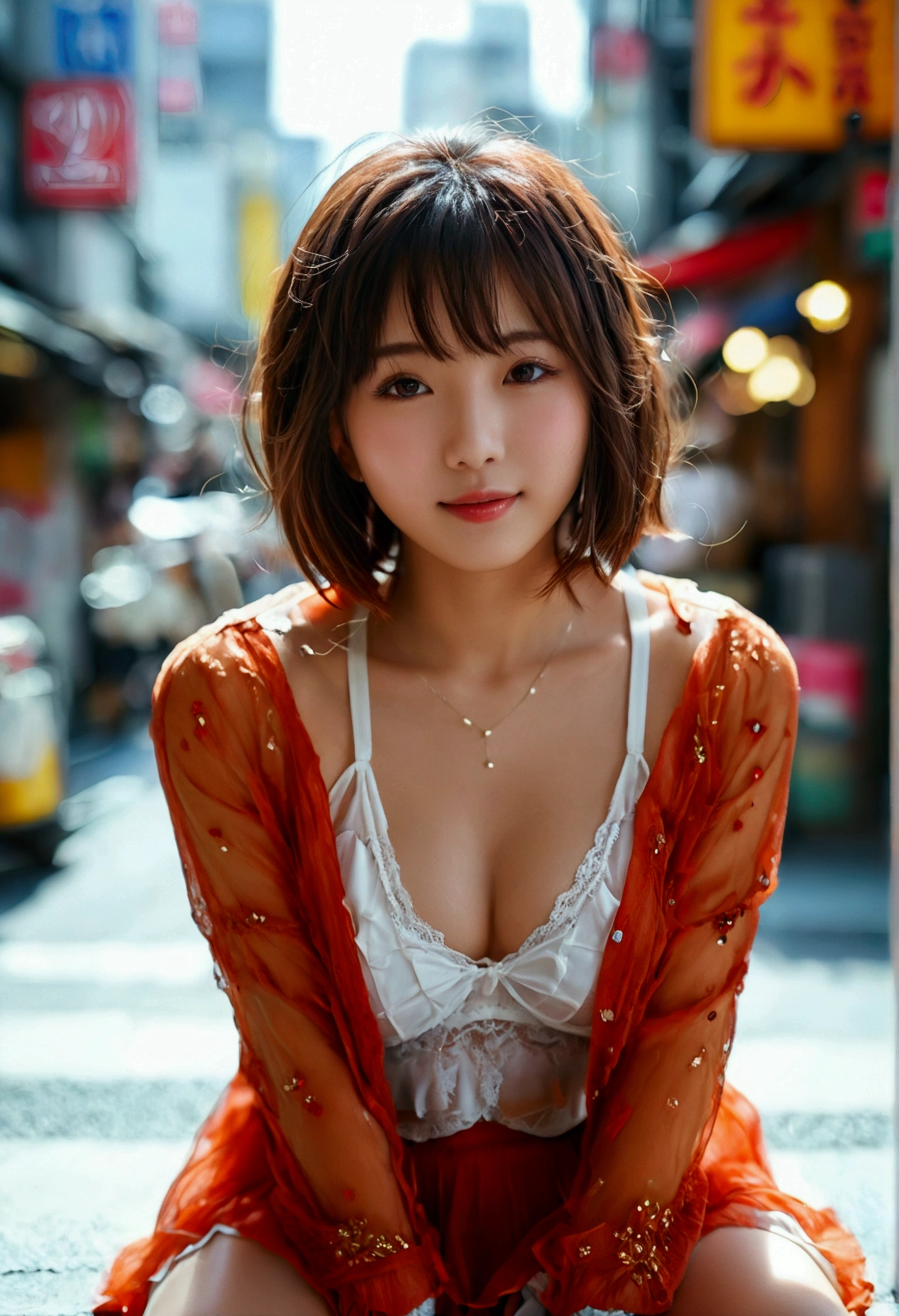 (8K, RAW Photos, Highest quality, masterpiece:1.2), Super detailed, Ultra-high resolution, (Realistic, Photorealistic:1.37) , High-definition RAW color photos, Professional photos, Very delicate and beautiful, Very detailed, 8K壁紙 , (Beautiful and detailed eyes:1.1),(Beautifully detailed face:1.1),Anatomically correct body shape , Fine and beautiful skin,Skin Texture , Full Body Shot , looking at the camera , Natural light , 1 person , woman , Japanese , 20-year-old , E cup bust , Slim waist , , Shiny Hair , (Short Bob ,Brown Hair:1.15) , Shy Smile , Blouse , A skirt that covers the knees , , , , (Sit on your heels:1.2) , (Spread legs pose:1.21) , (Pose showing white panties:1.2) , (Knees are high:1.1) , Emphasize the cleavage , Sharp focus , The background is a real Shibuya street