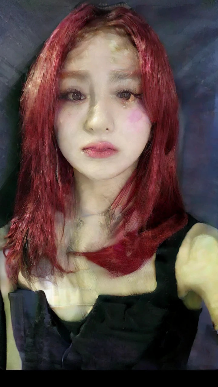 Yunjin do LE SSERAFIM, a young woman with long, vibrant hair in a deep shade of red, is dressed in a clown costume, a ruffled dress in shades of pink. Her face is painted with clown makeup but in pink tones..