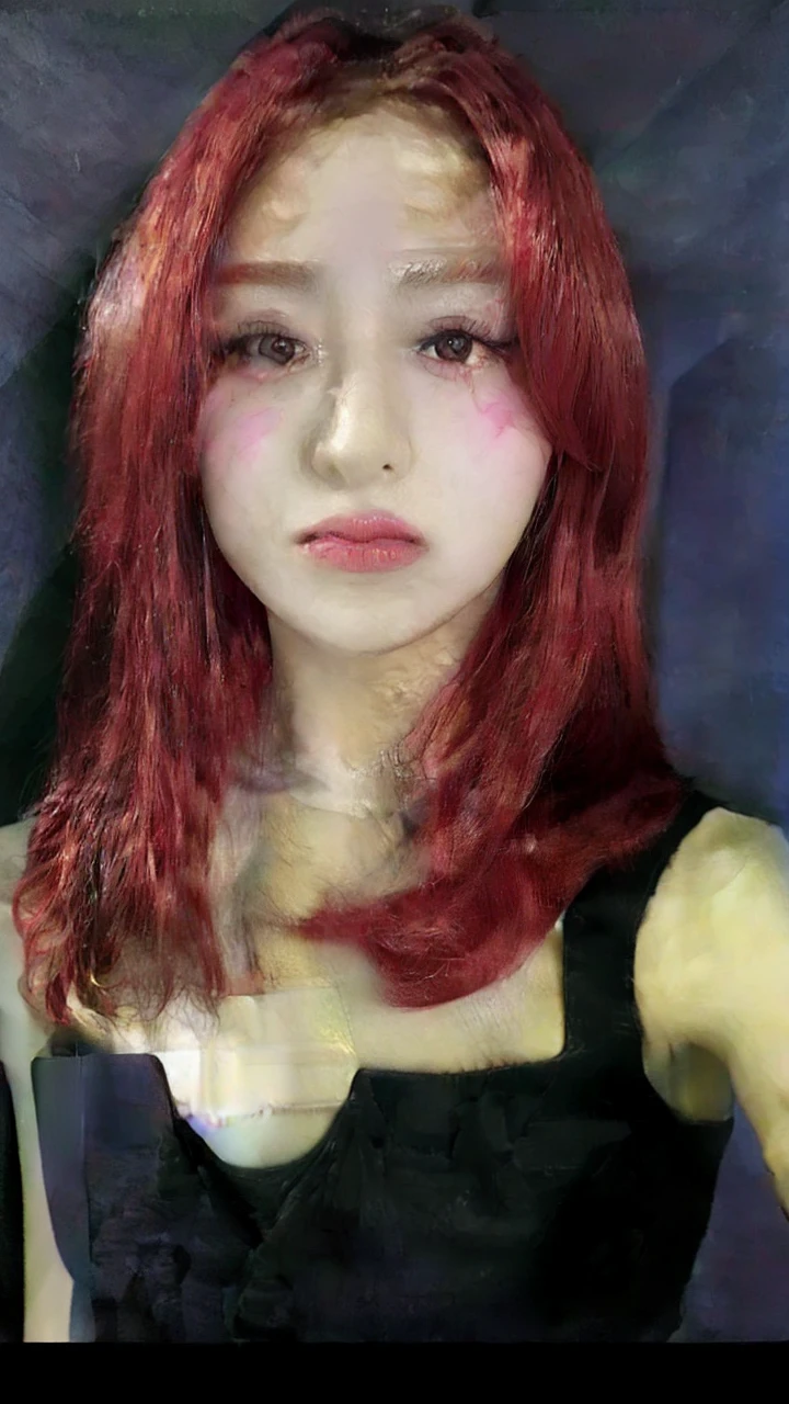 Yunjin do LE SSERAFIM, a young woman with long, vibrant hair in a deep shade of red, is dressed in a clown costume, a ruffled dress in shades of pink. Her face is painted with clown makeup but in pink tones..