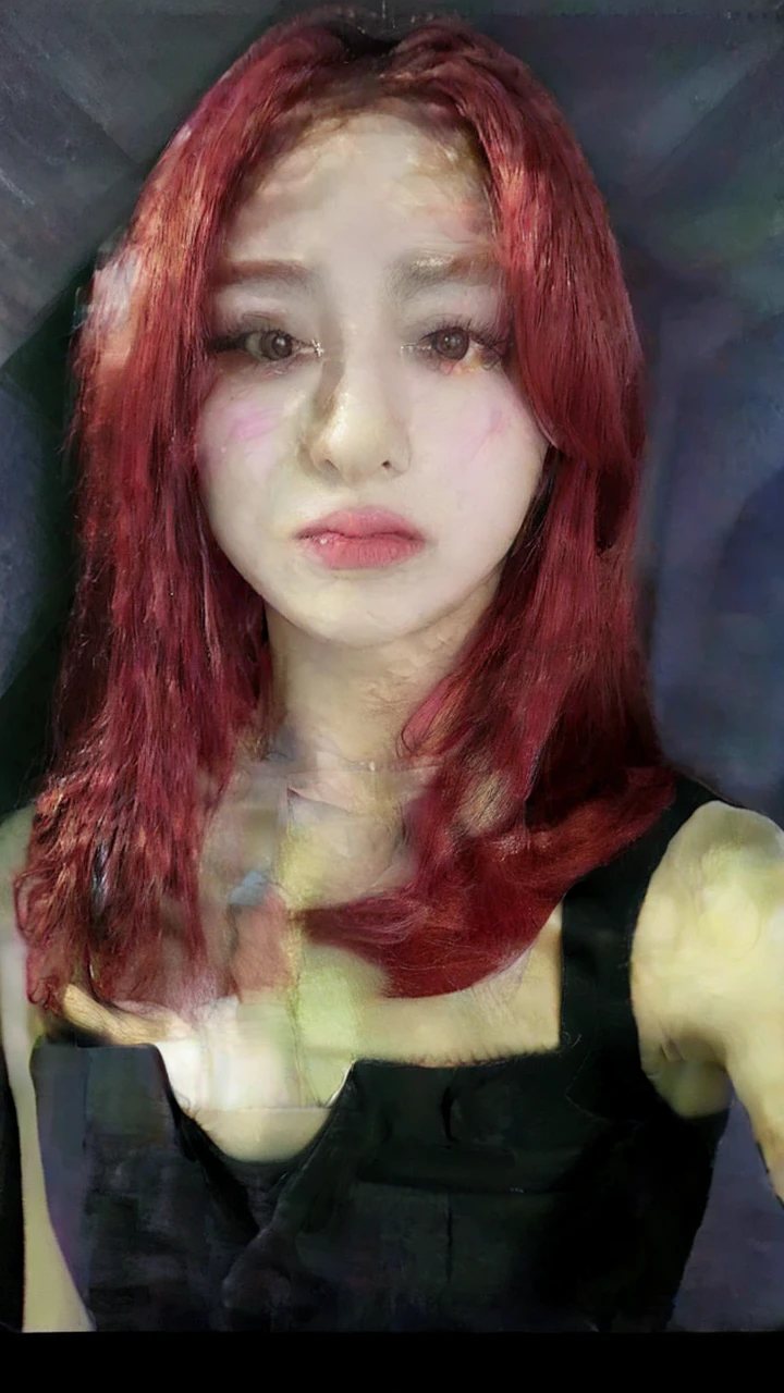 Yunjin do LE SSERAFIM, a young woman with long, vibrant hair in a deep shade of red, is dressed in a clown costume, a ruffled dress in shades of pink. Her face is painted with clown makeup but in pink tones..