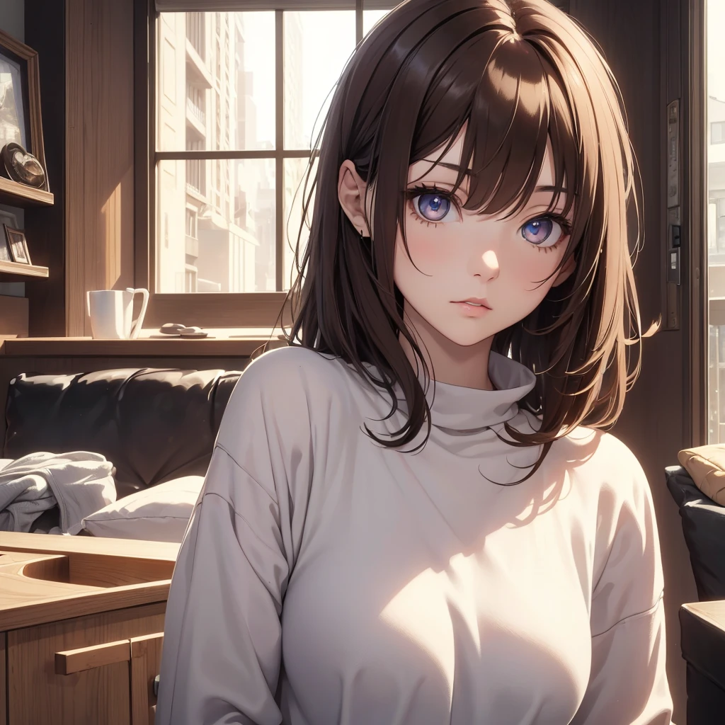 (8K, Best Quality, Masterpiece, Ultra High Resolution) 1Girl, Beautiful Eyes, Face Details, Brunette, Hazel Eyes, Pale Skin, Slender, Casual Clothing, Inside Apartment, Best Quality, Upper Body, Looking at the Viewer, Facing Viewer, Close Up