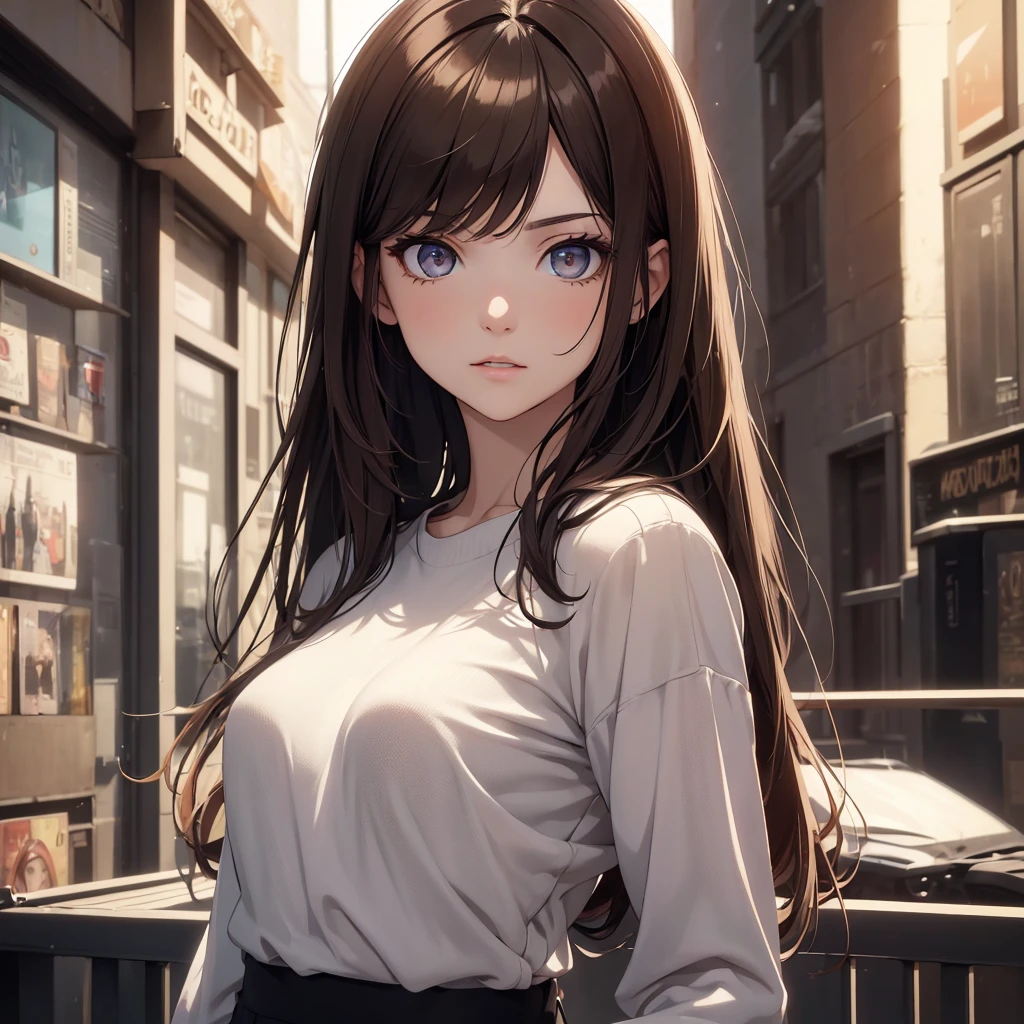 (8K, Best Quality, Masterpiece, Ultra High Resolution) 1Girl, Beautiful Eyes, Face Details, Brunette, Hazel Eyes, Pale Skin, Slender, Casual Clothing, Inside Apartment, Best Quality, Upper Body, Looking at the Viewer, Facing Viewer, Close Up