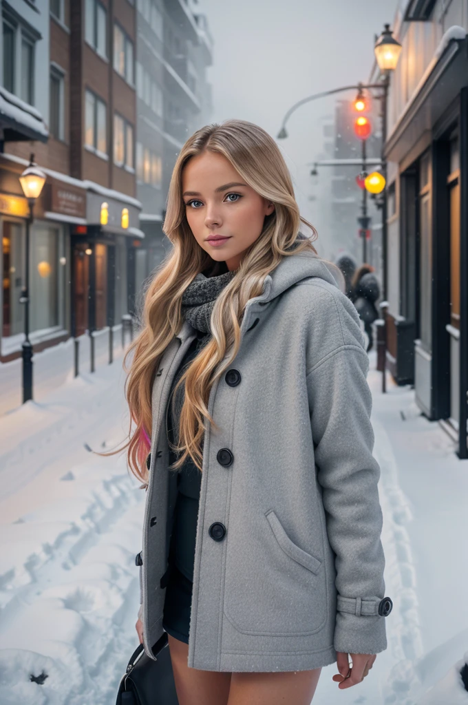 professional portrait photograph of a gorgeous Norwegian girl in winter clothing with long wavy blonde hair, sultry flirty look, gorgeous symmetrical face, cute natural makeup, wearing elegant warm winter fashion clothing, ((standing outside in snowy city street)), stunning modern urban environment, ultra realistic, concept art, elegant, highly detailed, intricate, sharp focus, depth of field, f/1. 8, 85mm, medium shot, mid shot, (((professionally color graded))), bright soft diffused light, (volumetric fog), trending on instagram, hdr 4k, 8k