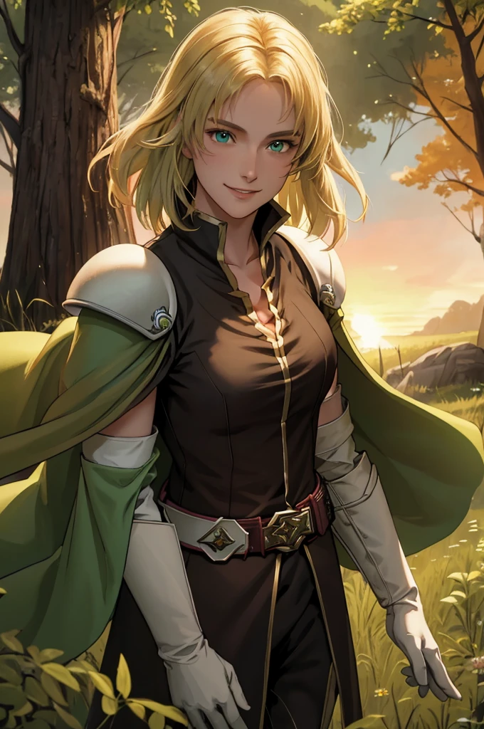 masterpiece, best quality, feSelena, brown tunic, green cape, white elbow gloves, shoulder armor, belt, upper body, looking at viewer, serene smile, forest, bog, sunset, medium hair length