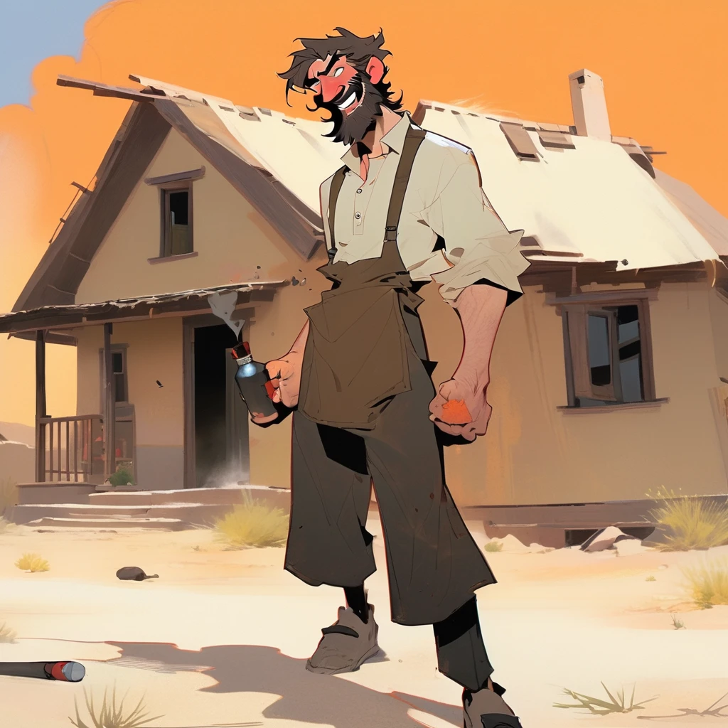 score_9, score_8_up, score_7_up, score_6_up, score_5_up, score_4_up, 1man, Western, black wavy Messy hair, burnt hair, Leather apron, White button-down shirt, black pants patched, Failed beard, young adult, Thin, full body, Holding a Dynamite bomb, outside a house in the desert, Dirty with soot, Laughing, explosives, dynamite, Hunchback, Poorly groomed beard, failed beard
