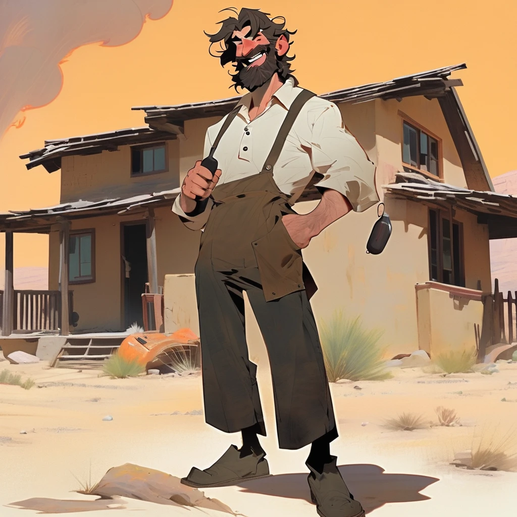 score_9, score_8_up, score_7_up, score_6_up, score_5_up, score_4_up, 1man, Western, black wavy Messy hair, burnt hair, Leather apron, White button-down shirt, black pants patched, Failed beard, young adult, Thin, full body, Holding a Dynamite bomb, outside a house in the desert, Dirty with soot, Laughing, explosives, dynamite, Hunchback, Poorly groomed beard, failed beard