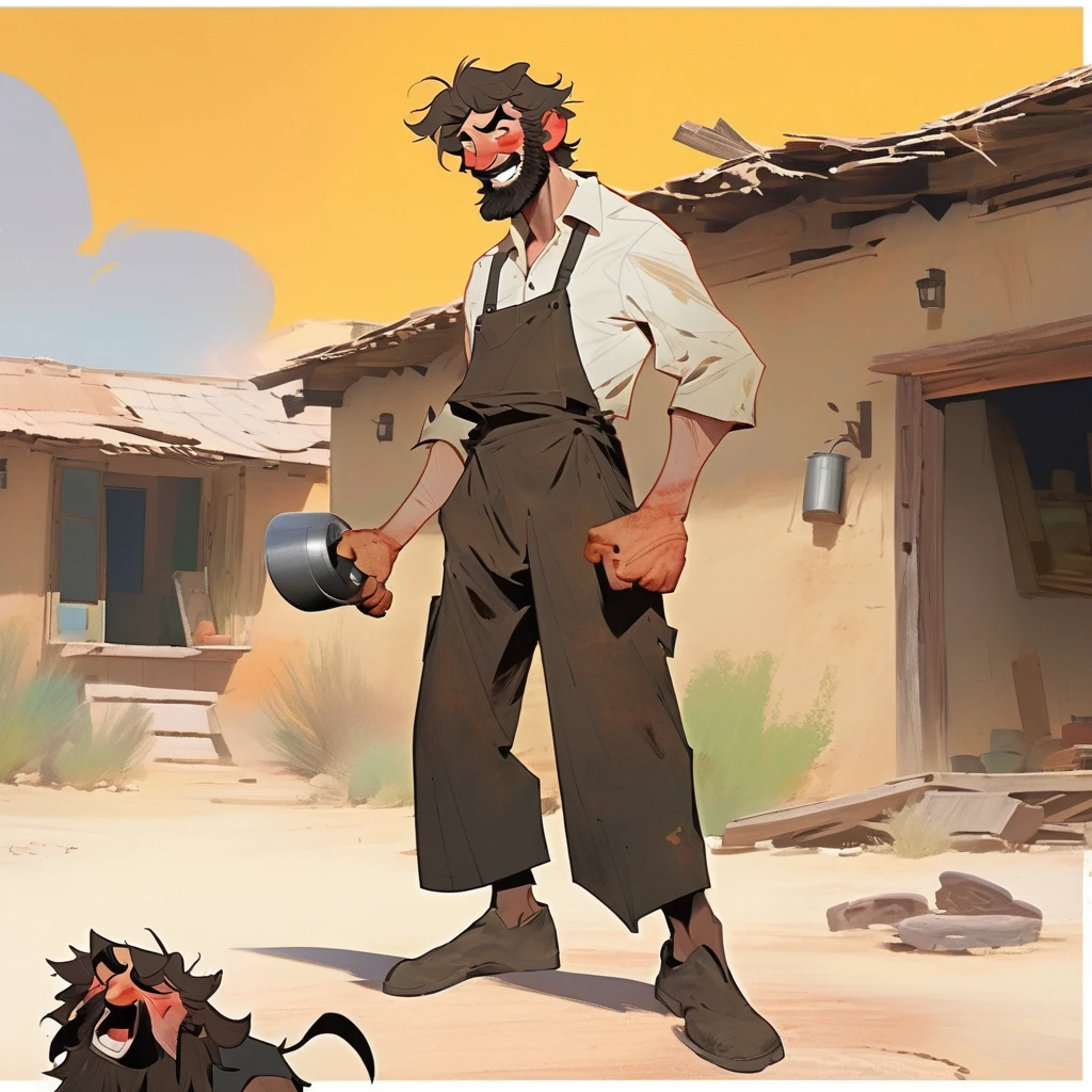 score_9, score_8_up, score_7_up, score_6_up, score_5_up, score_4_up, 1man, Western, black wavy Messy hair, burnt hair, Leather apron, White button-down shirt, black pants patched, Failed beard, young adult, Thin, full body, Holding a Dynamite bomb, outside a house in the desert, Dirty with soot, Laughing, explosives, dynamite, Hunchback, Poorly groomed beard, failed beard